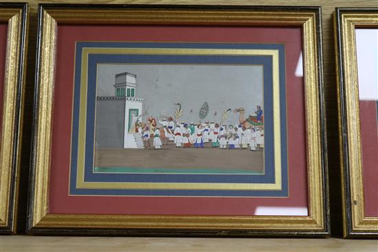 A set of six 19th century Indian mica paintings depicting rituals and processions 13 x 20cm.